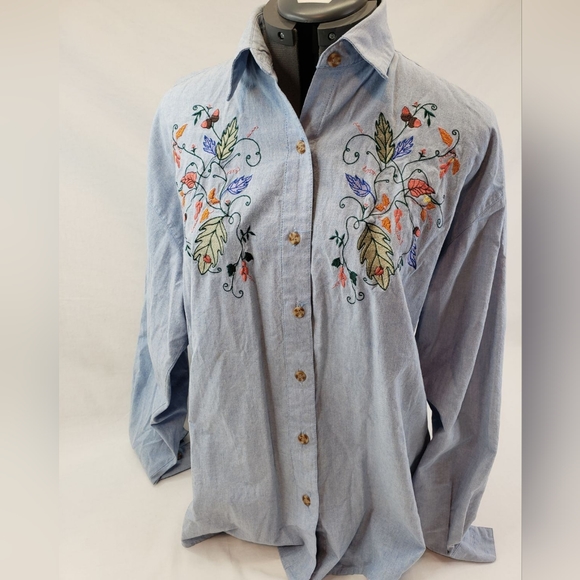 Vintage DENIM REPUBLIC Embroidered Floral SHIRT Button Down LS Women' s Sz LARGE - Picture 5 of 16